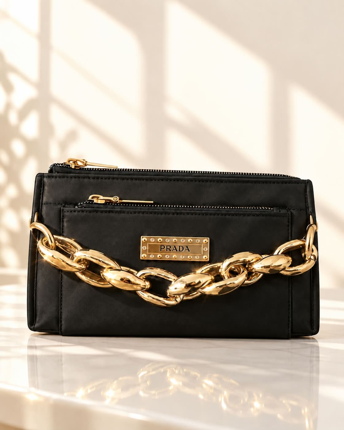 Black Multi-Compartment Chain Clutch