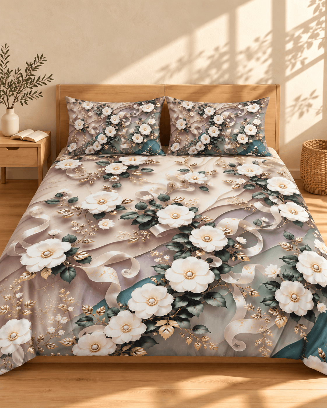 Elegant White Floral 3D Printed Bedsheet