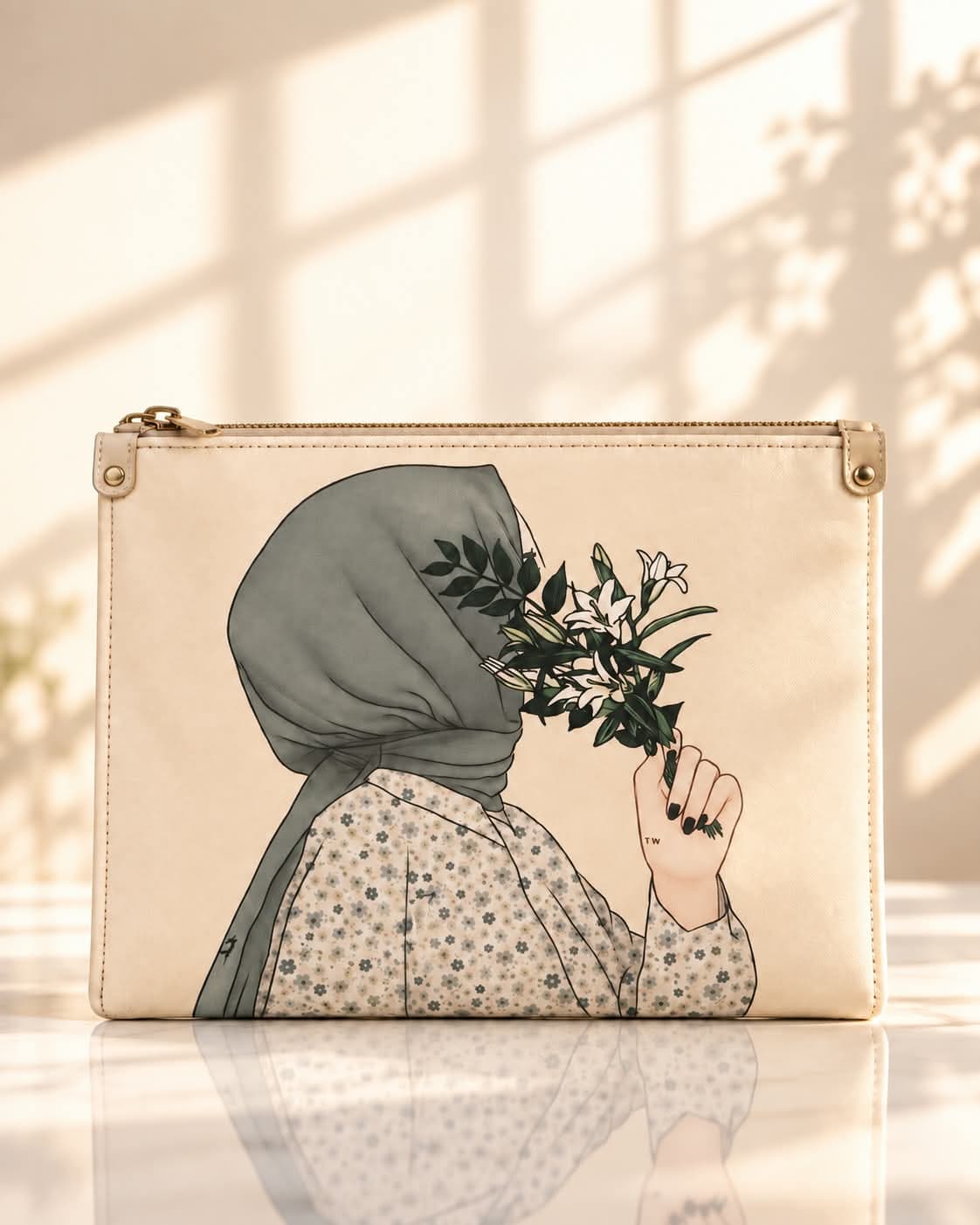 Cream Floral Illustration Pouch