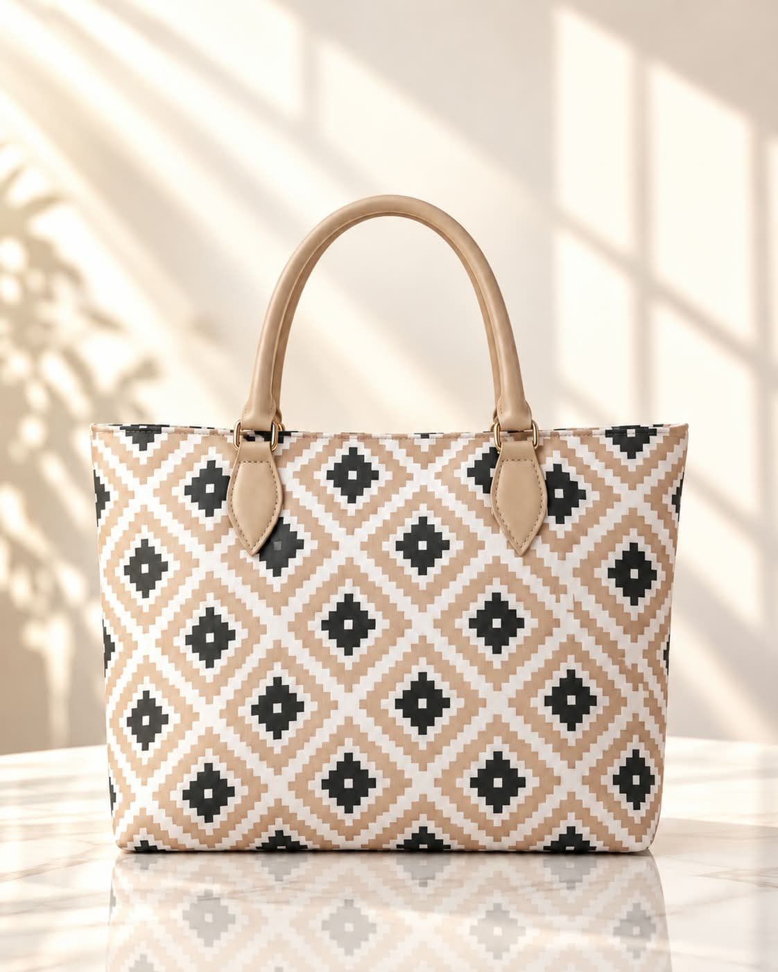 Beige Geometric Tote Bag