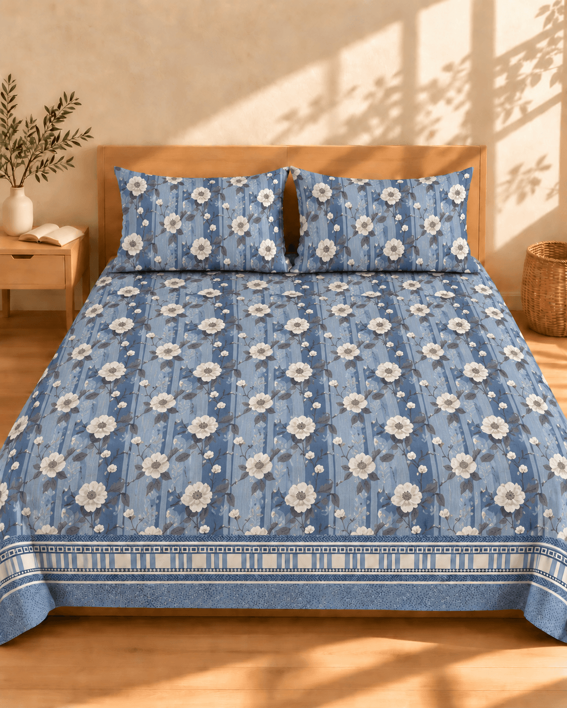 Blue Rose Stripe Cotton Bedsheet