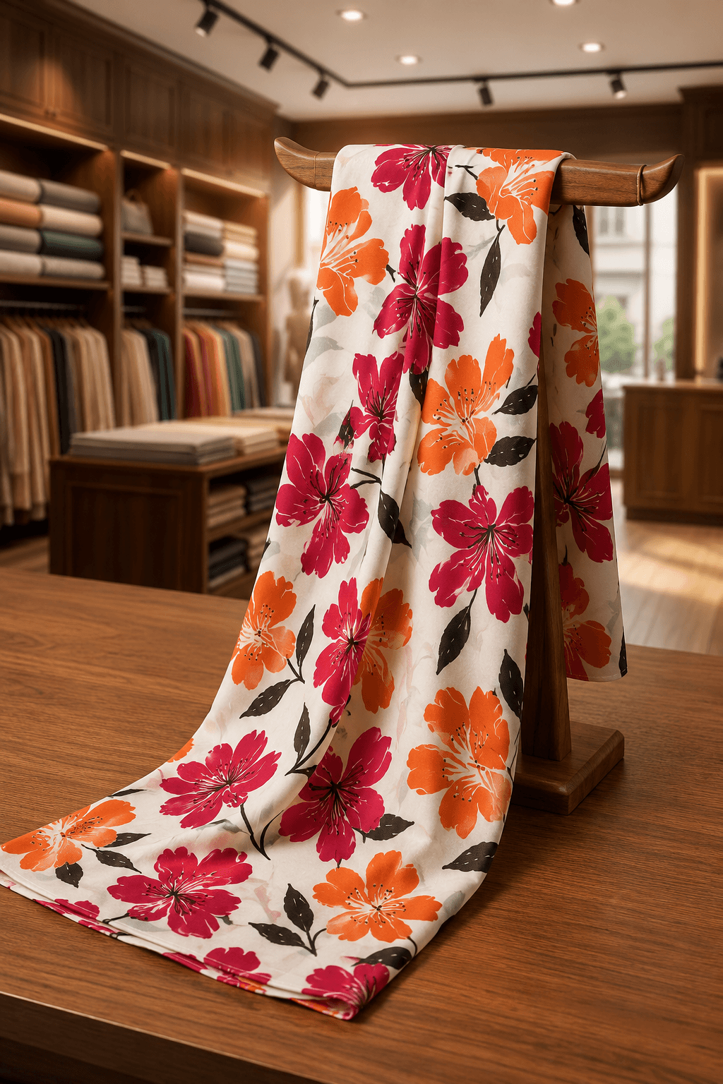 Cream Red Orange Floral Print