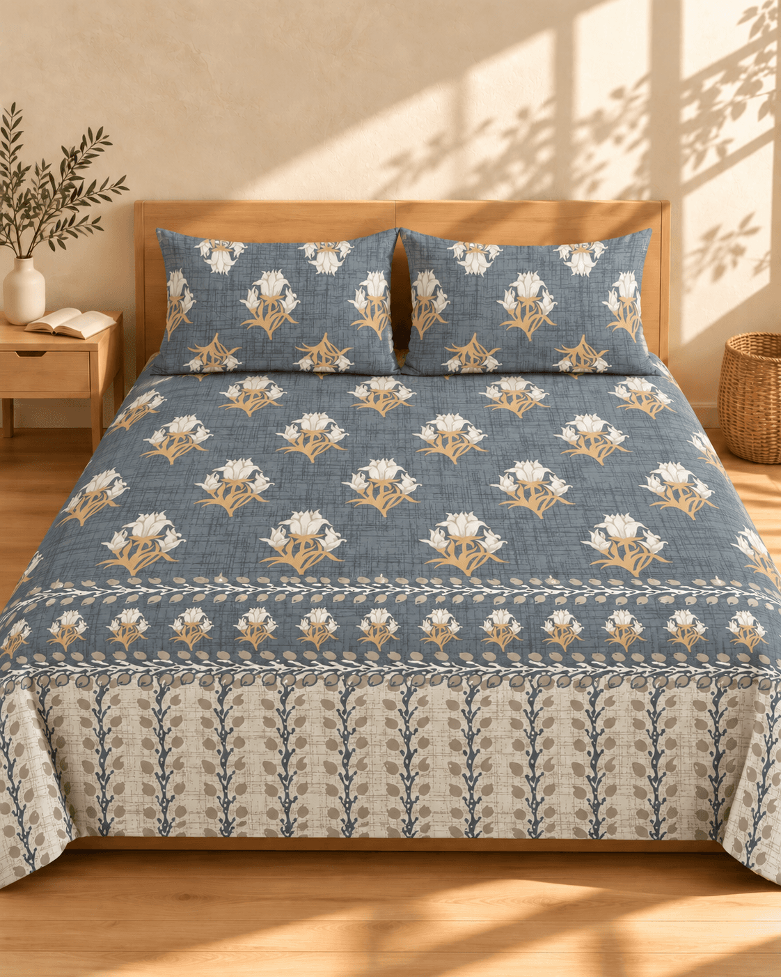 Blue Floral Plaid Cotton Bedsheet