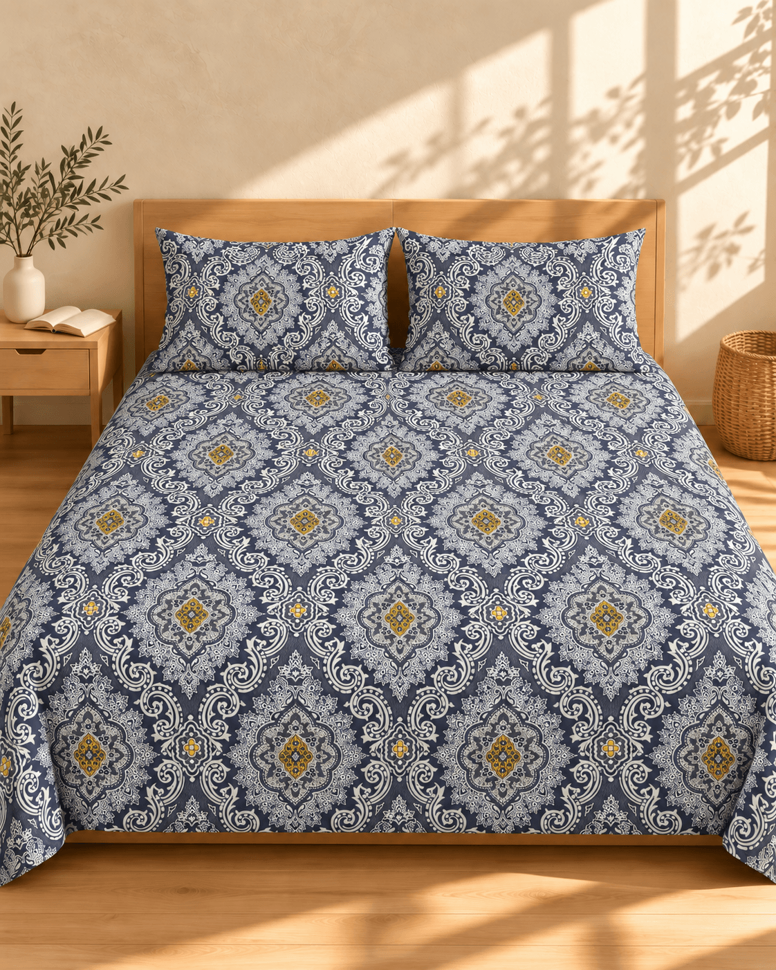 Blue Gray Ornamental Cotton Bedsheet