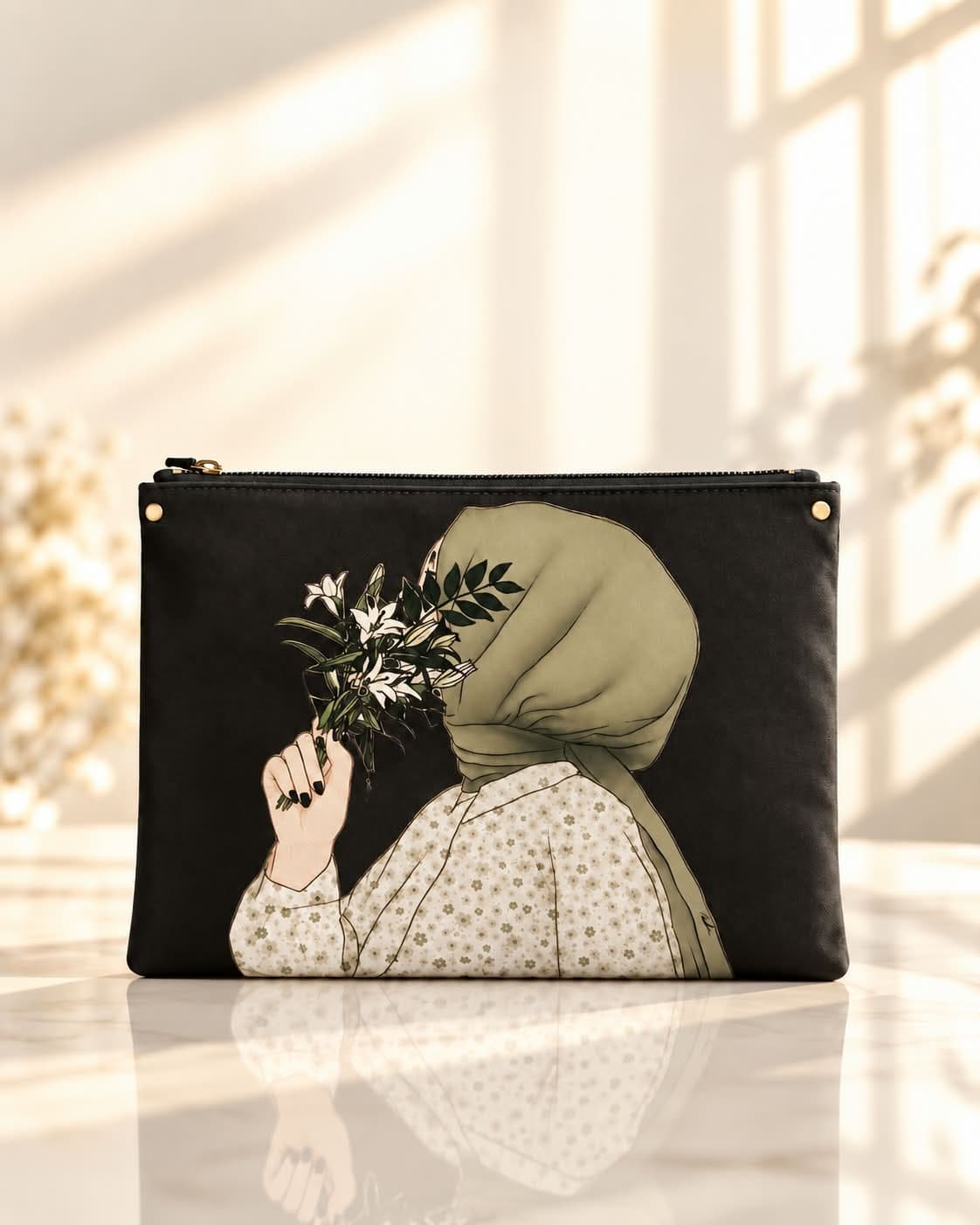 Black Floral Illustration Pouch
