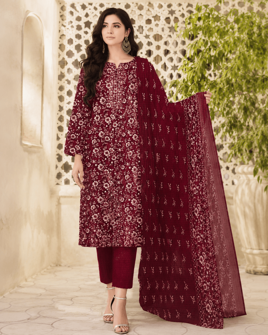 3-piece Maroon Floral Lawn