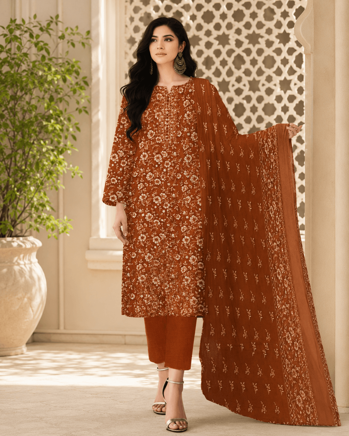 3-piece Maroon Floral Lawn