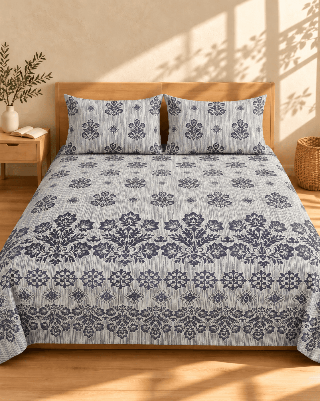 Gray Floral Medallion Border Cotton Bedsheet